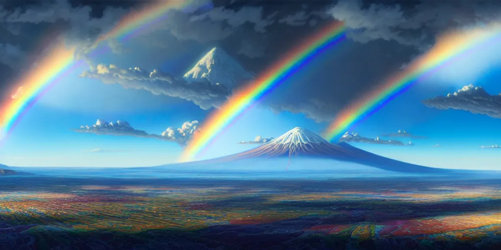 Image similar to detailed matte painting of noah's ark landing on mount ararat, double rainbow in a clear blue sky, art by dan mumford and yusuke murata and makoto shinkai and ross tran, cosmic, heavenly, god rays, intricate detail, cinematic, 8 k, cel shaded, unreal engine, featured on artstation, pixiv