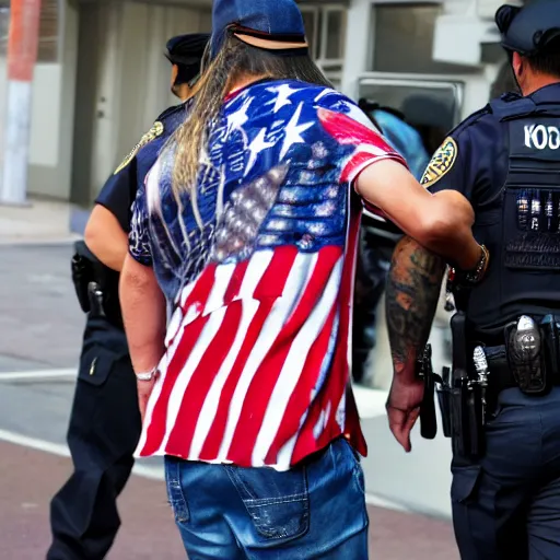 Prompt: kid rock being arrested for disparaging the american flag by wearing it as a dress, highly detailed, photographic, 4 k