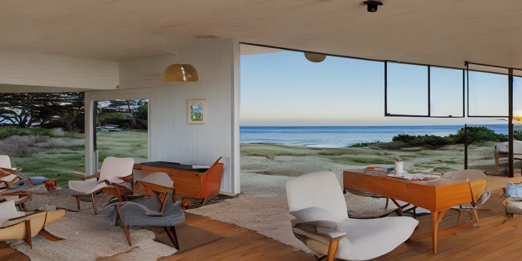 Prompt: a mid-century Eichler Home on a beach at sunset with view of the ocean, mid-century modern furniture, sunset magazine, dwell magazine style, highly detailed, photorealistic, octane 8k 35mm lens, award photography, architectural photography