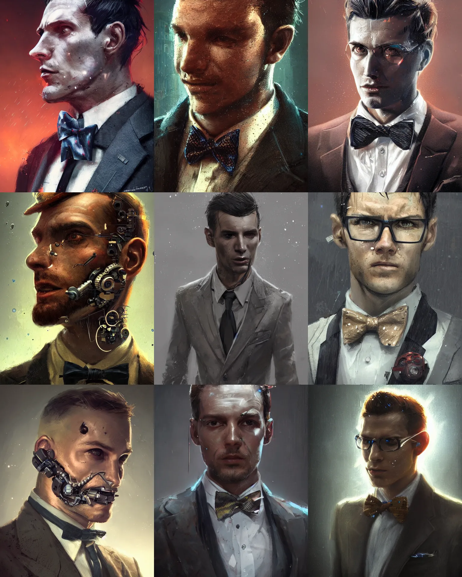 Image similar to a rugged young engineer man with cybernetic enhancements wearing a suit and bowtie, detailed face, scifi character portrait by greg rutkowski, esuthio, craig mullins, 1 / 4 headshot, cinematic lighting, dystopian scifi gear, gloomy, profile picture, mechanical, half robot, implants, steampunk