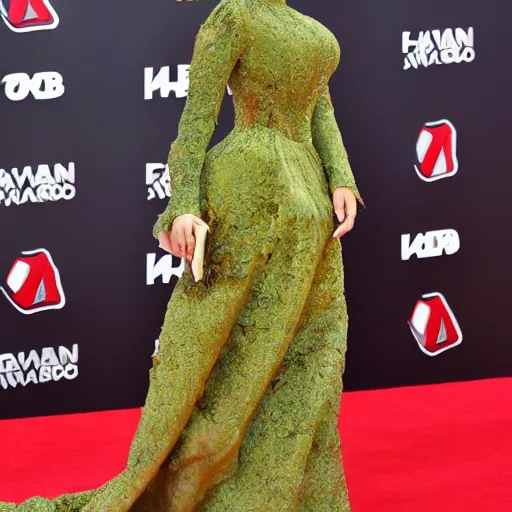 Image similar to elizabeth olsen walking on the red carpet, wearing an avocado bodysuit, trending on unsplash, 4 k quality, intricate