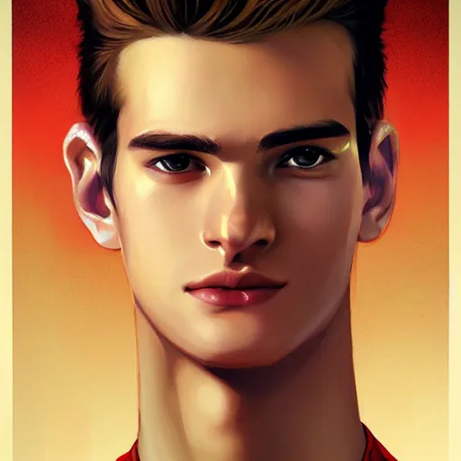 Image similar to colorful Captivating teenage boy with brown blond short quiff hair and facial structure like andrew garfield, brown eyes with red eye markers, slim body, wearing a detailed Japanese kimono with golden details, atmospheric lighting, painted, intricate, 4k, highly detailed by Charlie Bowater