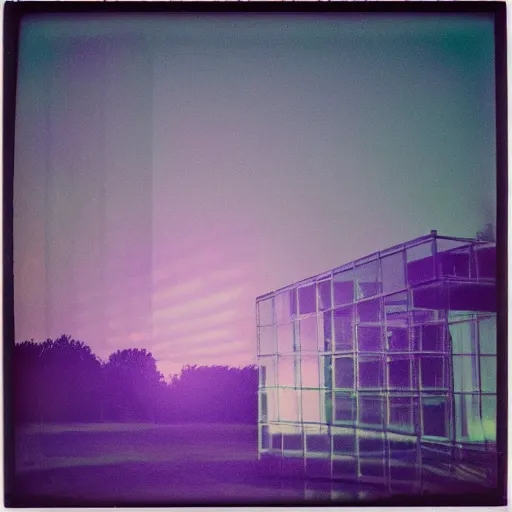 Image similar to a pastel coloured Polaroid photo of a large cube made of transparent neon perspex, each pane is a different colour stood in a field, beams of light, nostalgic