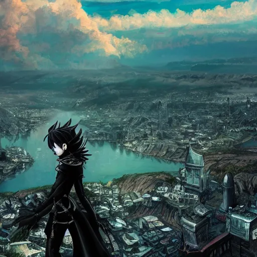 Image similar to dressed evil anime girl looking from the edge of the mountain on the giant city below, midnight, trending on artstation, highly detailed, kentaro miura artstyle