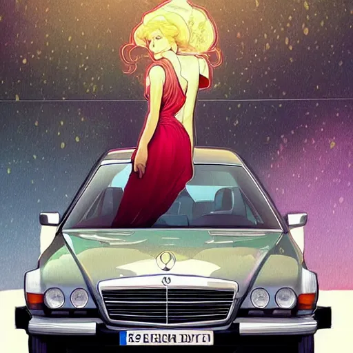 Image similar to Princess Diana standing next to a Mercedes-Benz W140, highly detailed, digital painting, artstation, concept art, smooth, sharp focus, illustration, art by artgerm and alphonse mucha, high definition digital art, in the style of Ross tran and ilya kuvshinov