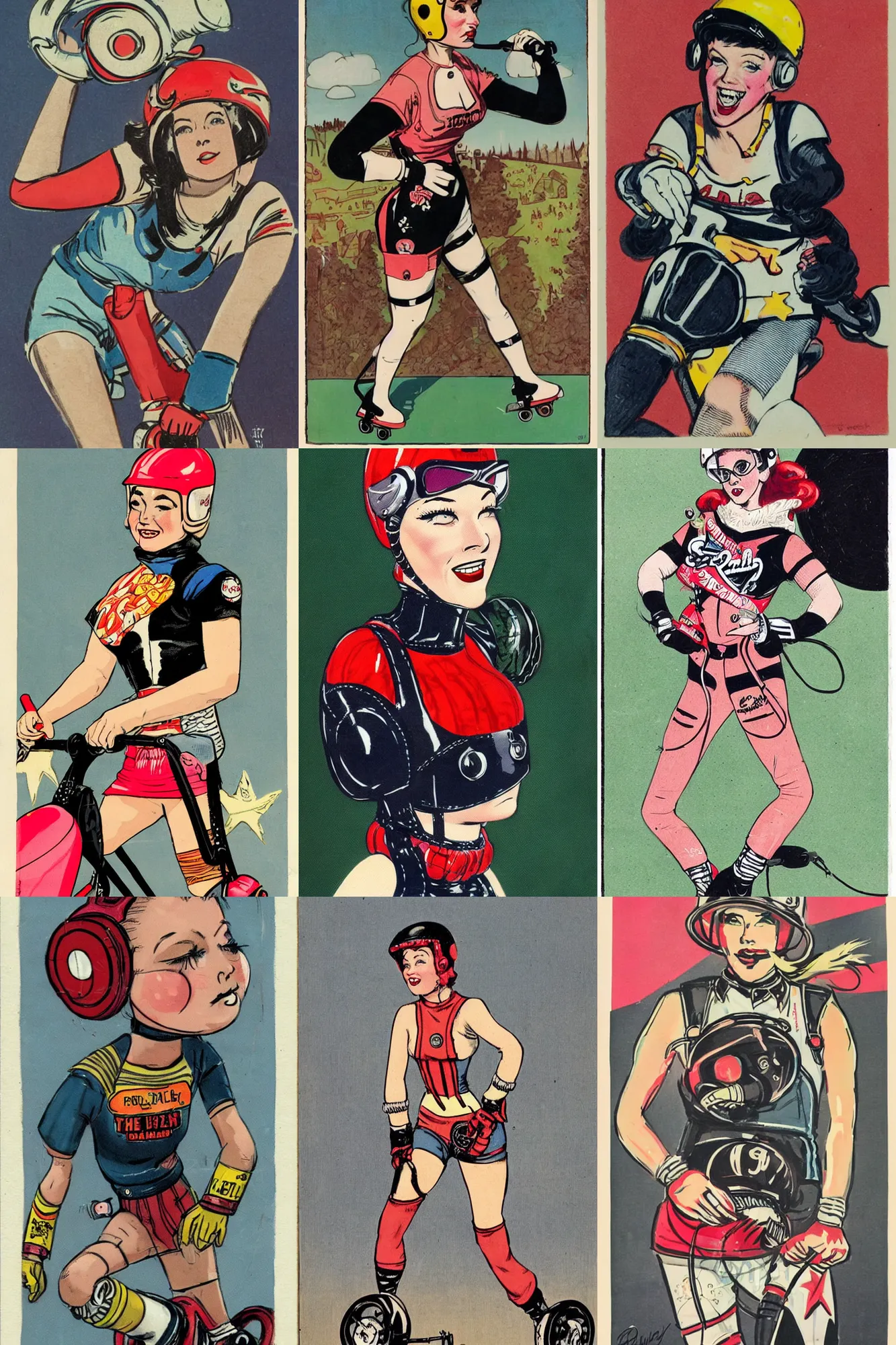 Prompt: roller derby girl portrait, wearing helmet, Frank Hampson and mcbess, 1950s