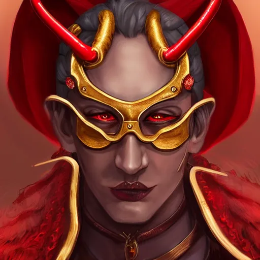 Prompt: Red skinned Male Tiefling alchemist with gold rimmed goggles and long horns, highly detailed, ominous, artgerm, digital illustration, concept art, 8k, trending on artstation