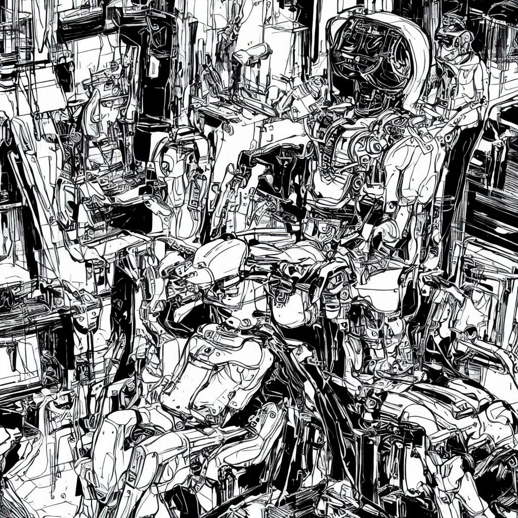 Prompt: a human like mechanical detailed robot sit on a chair while looks to a canary black and white comic book style