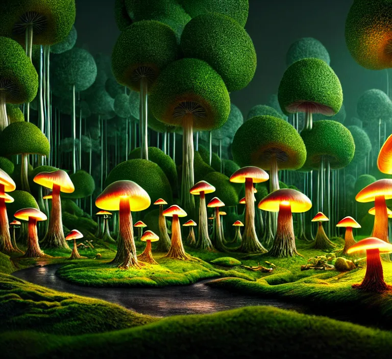 Prompt: hyperrealism photography hyperrealism concept art of highly detailed glowing with a million different species of mushrooms in forest at night highly detailed futuristic ( fantasycore ) city by wes anderson and hasui kawase and scott listfield sci - fi style hyperrealism rendered in blender and octane render volumetric natural light