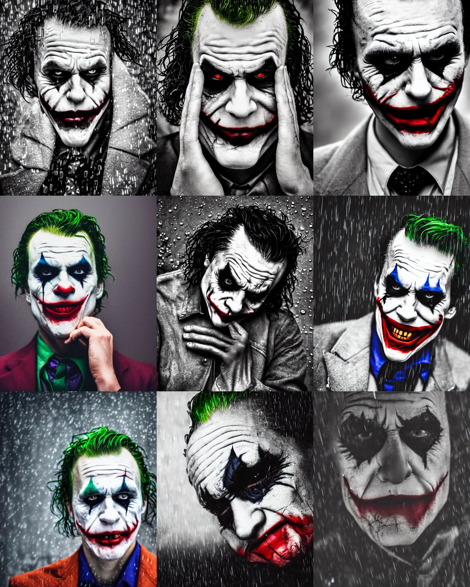 Prompt: the joker sobbing uncontrollably, clinically depressed, rainy weather, photography portrait 4 k