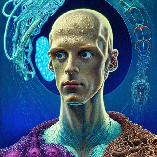 Prompt: realistic extremely detailed hybrid style portrait painting of an average man with exposed clear brain , retro futuristic ,water , style hybrid mix of beeple,Jean Delville, Amano,Yves Tanguy, Alphonse Mucha, Ernst Haeckel, Edward Robert Hughes,Stanisław Szukalski and Roger Dean, rich moody colors,,glitter and sparkles,blue eyes,octane render,4k,f32