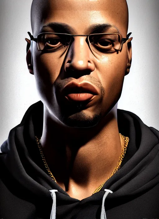 Prompt: a 3 d rendered portrait of an 9 0's era hiphop artist by artist hadi karimi, wlop, artgerm, greg rutkowski, serious expression, dramatic lowkey studio lighting, accurate skin textures, octane renderer, hyperrealism, zbrush, cgsociety, aesthetically pleasing and harmonious vinatge colors