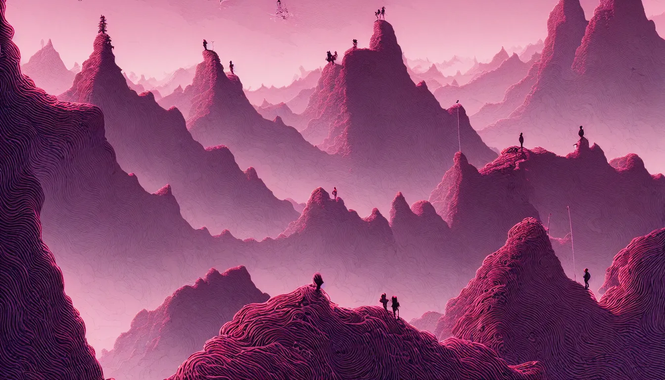 Prompt: backpacking up the edge of a mountain by nicolas delort, moebius, victo ngai, josan gonzalez, kilian eng