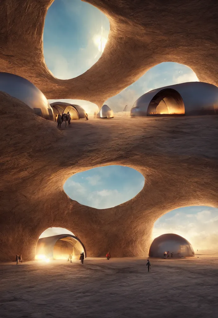 Image similar to Multiple tunnels in antartica with a transparent roof that shows a beautiful sunset, multiple people in the tunnels around campfires and futuristic igloos, facinating, fantasy digital art, octane render, beautiful composition, trending on artstation, award-winning photograph, masterpiece