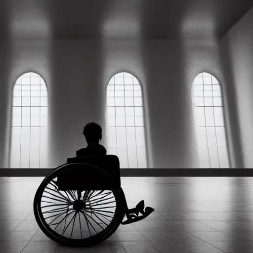 Prompt: / imagine prompt : a guy on a wheelchair in a big hall alone : : 2 by yoshitaka amano, artwork, 4 k : : loneliness, abandoned, sadness : : 3 - - q 2 - - uplight - - w 1 9 2 0 - - h 1 0 8 0