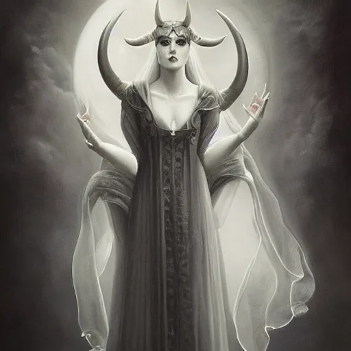 Prompt: By Tom Bagshaw, ultra realist soft painting of a gloom carnival by night, very beautiful horned single female in long gothic dress transparent glass sphere, symmetry accurate features, very intricate details, omnious sky, black and white, volumetric light clouds