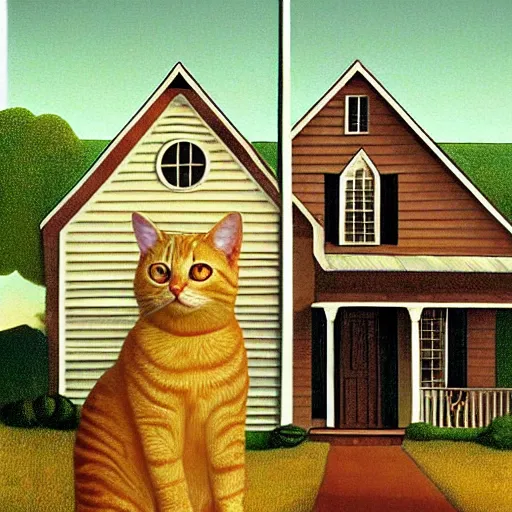 Image similar to fat orange tabby cat in american gothic by grant wood