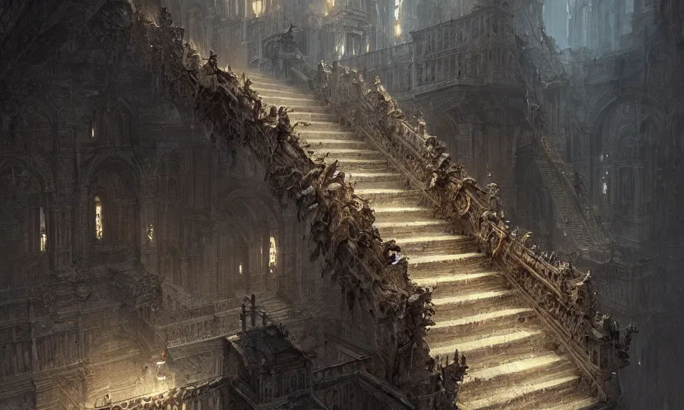 Image similar to stairs from hell to heaven, intricate detail, intricate, epic, vast, digital painting by greg rutkowski, artstation, very detailed, cinematic lighting, concept art