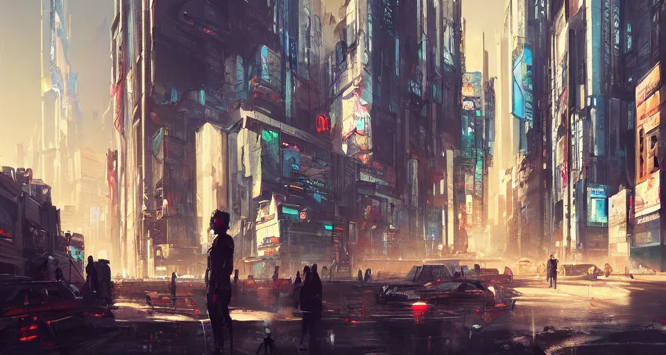 Image similar to very detailed masterpiece painting of a busy cyberpunk city street, portrait, artstation, concept art by greg rutkowski