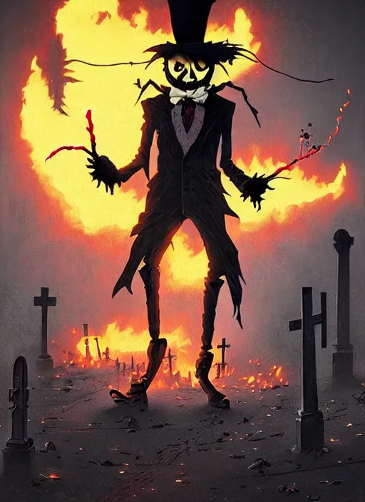 Prompt: a spooky scarecrow holding a match, wearing a top hat in front of an old cemetery on fire by josan gonzalez splash art graphic design color splash high contrasting art, fantasy, highly detailed, art by greg rutkowski