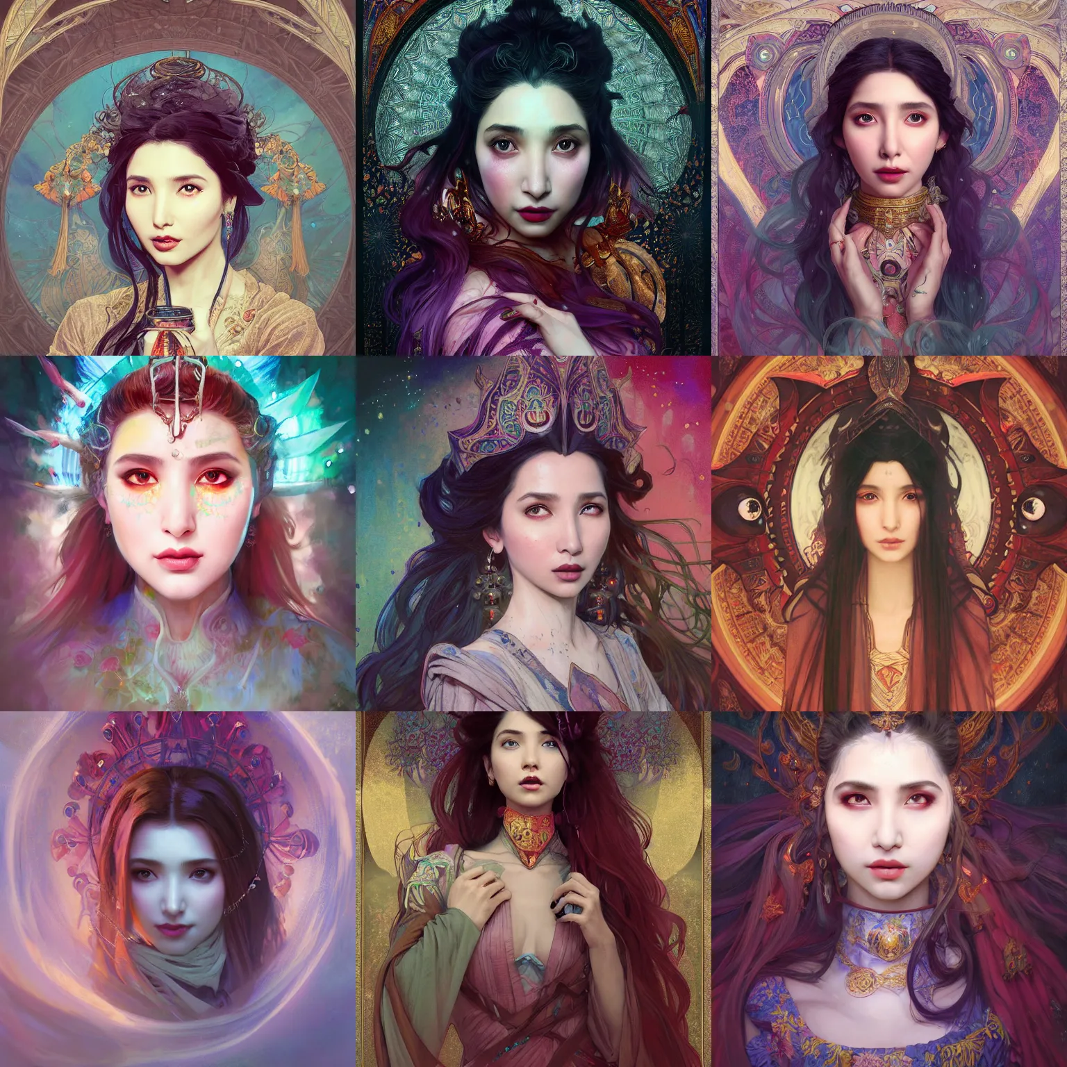 Prompt: masterpiece head-on symmetrical centered painted portrait, Mahira Khan as D&D Mage, wearing wizard robes, elegant, in the style of ROSSDRAWS and Ruan Jia and Ross Tran and Alphonse Mucha and Ayami Kojima and Charlie Bowater and Karol Bak and Jean Delville, pixar, maya engine, splash comics, global illumination lighting, rich bright colours