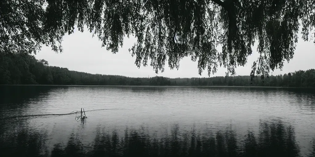 Image similar to an long rope zig - zagging across the surface of the water into the distance, floating submerged rope stretching out towards the center of the lake, a dark lake on an overcast day, atmospheric, color film, trees in the background, 4 k photo, anamorphic lens