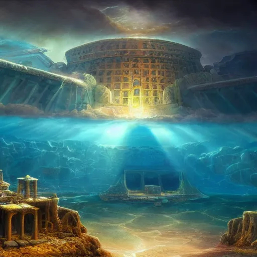 Prompt: A beautiful render of a lost city under the ocean, by robert steven connett and tomasz alen kopera and Jordan Grimmer, salvador dali style, gods ray, mesmerizing clouds, underwater, 4k hd wallpaper
