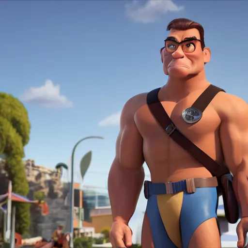 Image similar to jean - claude van damme as a pixar disney character from up ( 2 0 0 9 ), unreal engine, octane render, 3 d render, photorealistic