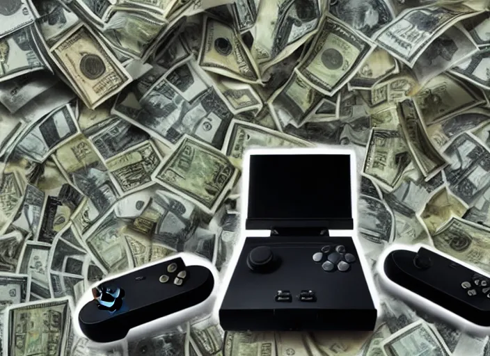 Image similar to surrealist art of nintendo 6 4 console in front of stacks of money