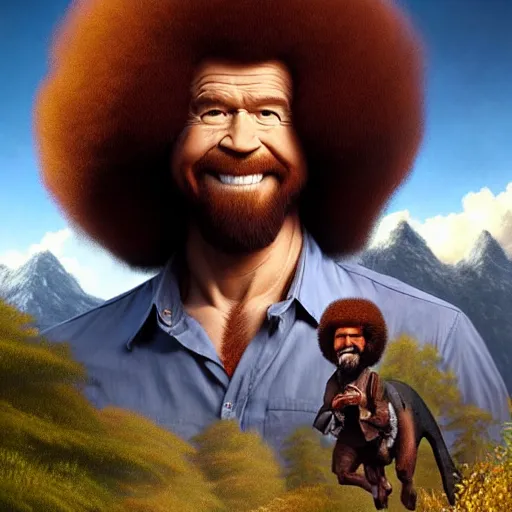 Image similar to bob ross!!! riding!!! a dinosaur!!, giant afro!, model pose, ultra realistic, concept art, intricate details, highly detailed, photorealistic, octane render, 8 k, unreal engine. art by artgerm and greg rutkowski and alphonse mucha