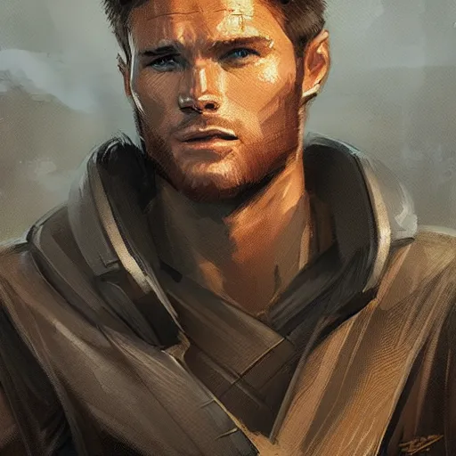 Image similar to portrait of a man by greg rutkowski, jedi knight, he looks like scott eastwood, wearing a flying jacket, star wars expanded universe, he is about 3 0 years old, highly detailed portrait, digital painting, artstation, concept art, smooth, sharp foccus ilustration, artstation hq