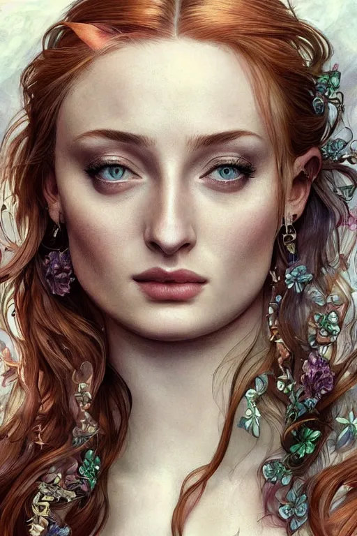 Image similar to sophie turner looking cute, anatomy, cute, fantasy, intricate, elegant, highly detailed, digital painting, 4 k, hdr, concept art, smooth, sharp focus, illustration, art by artgerm and h r giger and alphonse mucha