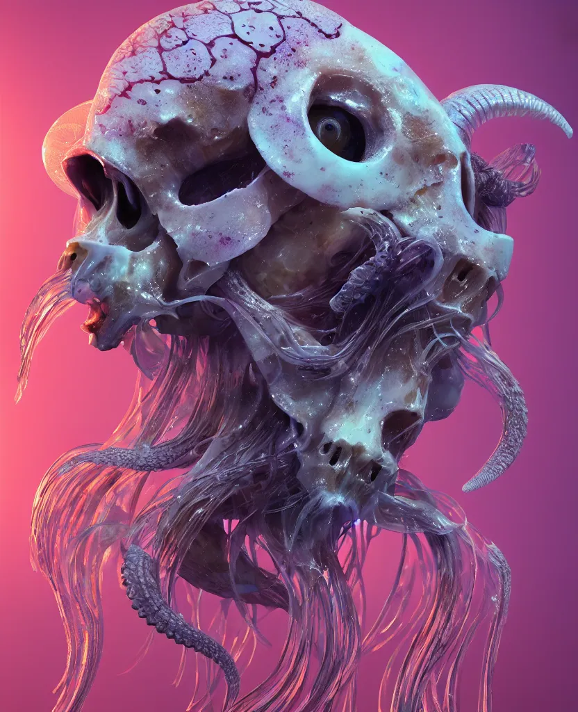 Image similar to goddess close-up portrait ram skull. jellyfish phoenix head, nautilus, orchid, ram skull, betta fish, bioluminiscent creatures, intricate artwork by Tooth Wu and wlop and beeple. octane render, trending on artstation, greg rutkowski very coherent symmetrical artwork. cinematic, hyper realism, high detail, octane render, 8k