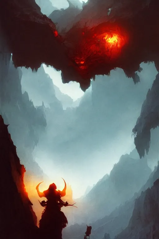 Image similar to looking up at a balrog in a vast cavern, intricate, elegant, highly detailed, john park, frazetta, sparth, ruan jia, jeffrey catherine jones