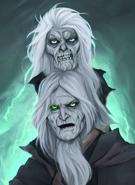 Prompt: dnd character concept of a man with ash gray skin and long white hair, glowing green eyes, Eldridge green!!!! eyes and energy, Lich demon mage class, undead zombie husk