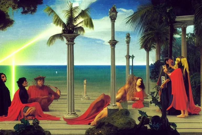 Prompt: The Magician on front of balustrade and palace columns, refracted lightnings on the ocean, thunderstorm, tarot cards characters, beach and Tropical vegetation on the background major arcana sky and occult symbols, by paul delaroche, hyperrealistic 4k uhd, award-winning, very detailed paradise