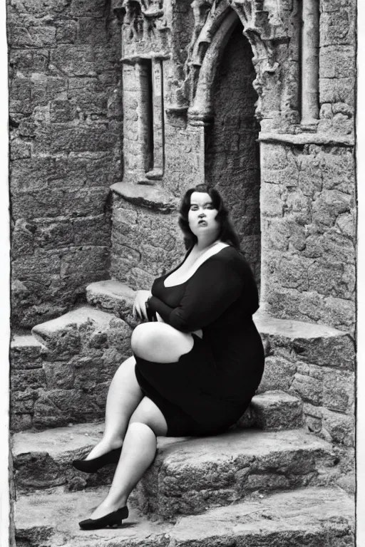 Image similar to plus - sized woman sitting on the stairs of a medieval building, summer, nature, natural light, forest setting, 1 9 6 0 s art, neo - renaissance, pop art, gothic, art nouveau, baroque art, mixed media, by tom wesselman, by mel ramos, by martial raysse, by antonello de messina