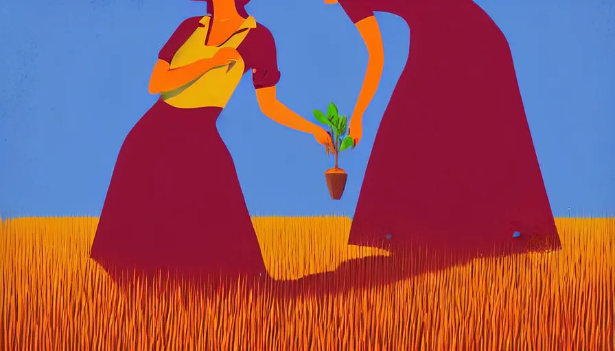 Prompt: farmer woman bending down in dress planting a seed in the ground, limited neutral palette, by petros afshar, anton fadeev, dean ellis, beautiful graphic full body portrait, propaganda poster art 1 9 7 0 s illustrated advertising art, painterly character design