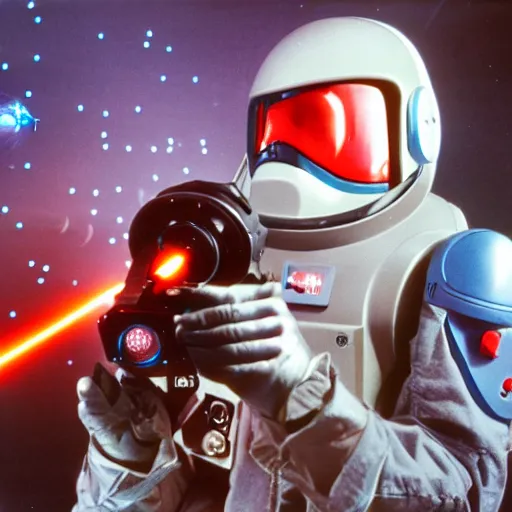 Prompt: a close up instructional well lit photograph of a sci for spaceship battle command showing off various laser blasters and sound cannons to an alien Kodachrome