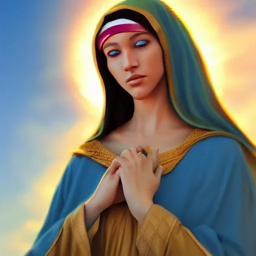 Prompt: a realistic digital photo of virgin mary as sunset cloud by artgerm