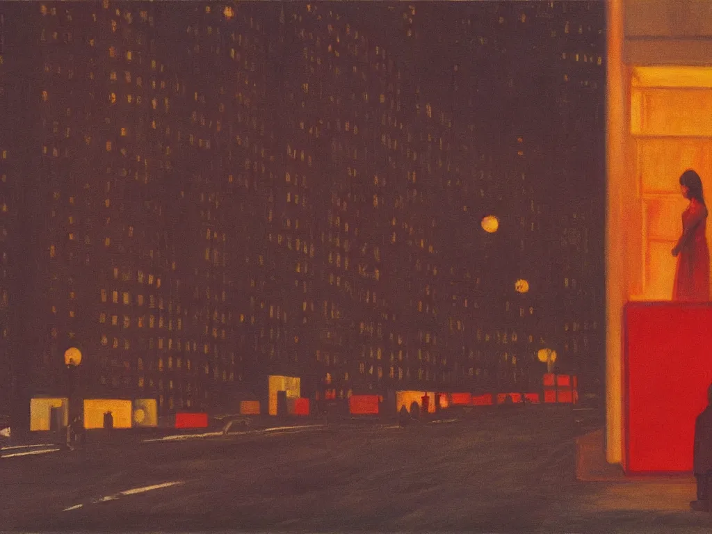 Prompt: the shinning new york city at night, 70s, americana vibrant colors, dim, dark, lone silhouette in the distance, cinematic, 35mm levelled view, realistic detailed painting by edward hopper