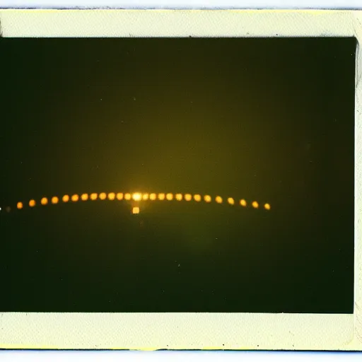 Image similar to a sleek round aircraft with glowing lights flying over a forest at night, old polaroid, expired film,