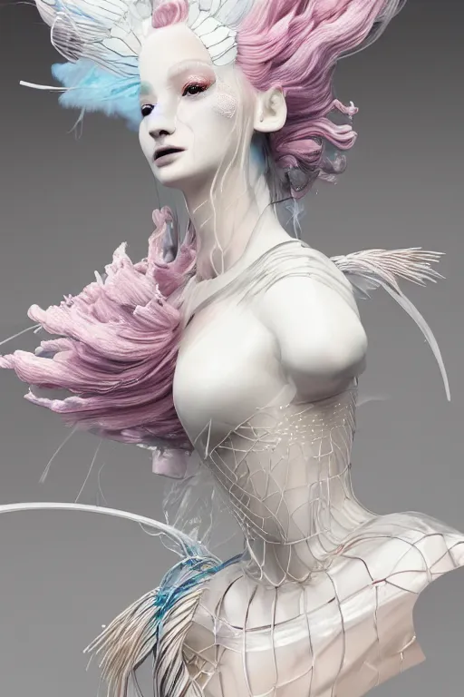 Prompt: an epic non - binary model, subject made of white melting porcelain, mesh headdress, flowing dress, with cerulean and pastel pink bubbles bursting out, delicate, beautiful, intricate, melting into ninetails, houdini sidefx, by jeremy mann and ilya kuvshinov, jamie hewlett and ayami kojima, trending on artstation, bold 3 d