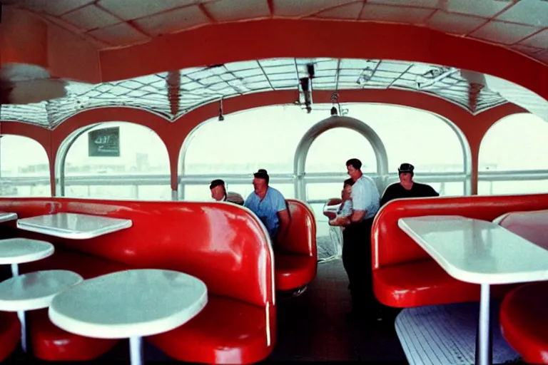 Prompt: 1 9 9 5 googie plane themed classic american diner, people sitting at tables, googie architecture, one point perspective, americana, restaurant interior photography, taken by alex webb