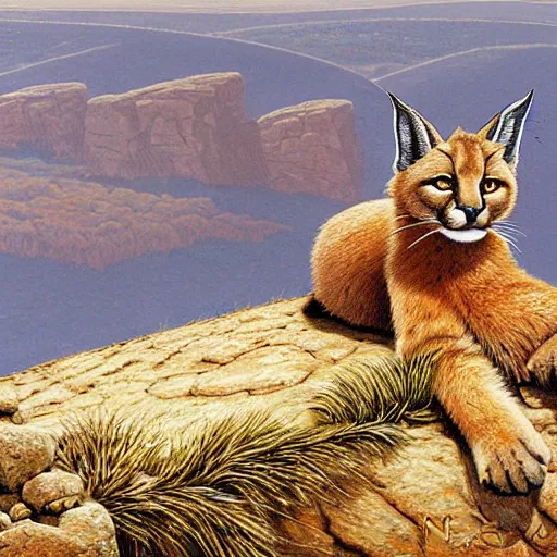 Prompt: a cute fluffy caracal on a high hill landscape with a circle of four large stones like fingers on the top, by ted nasmith