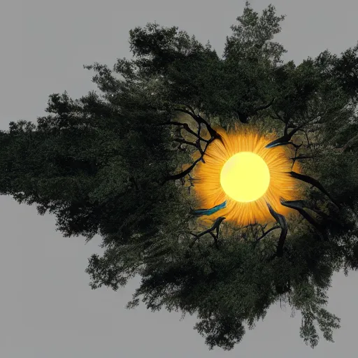 Prompt: upside down sun with trees coming out of it and enveloping it entirely, realistic, digital drawing, trending on ArtStation