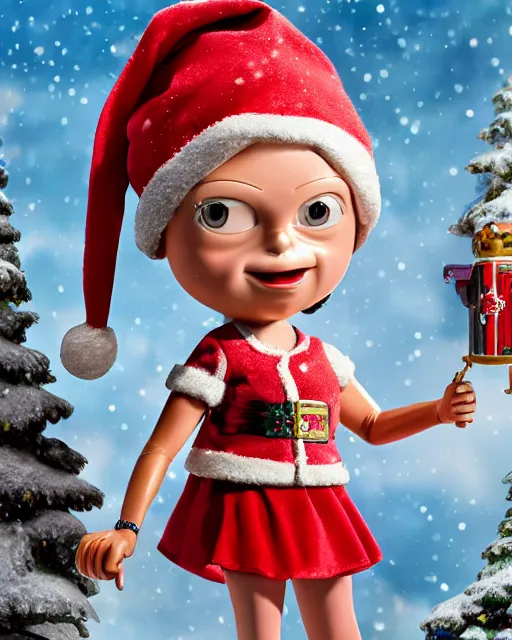 Image similar to highly detailed closeup, portrait of a tin toy santa greta thunberg as hermione granger, bikini, depth of field, fashion photoshoot by nicoletta ceccoli, mark ryden, lostfish, dan decarlo, bob clampett, max fleischer, breathtaking, detailed and intricate snowenvironment, 8 k resolution, hyperrealistic, octane render