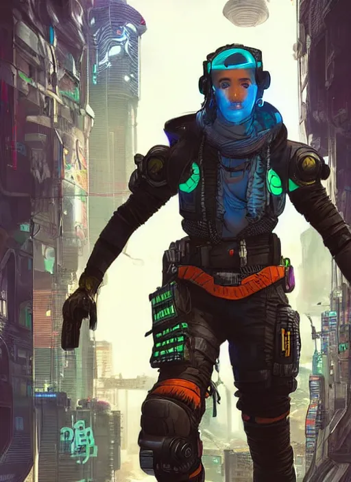 Prompt: apex legends cyberpunk free runner. concept art by james gurney and mœbius. gorgeous face, cinematic, dramatic lighting ( cyberpunk 2 0 7 7 ), clean aesthetic