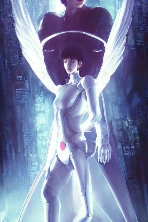 Image similar to white arc-angel with mystic robotic wings, blade runner, akira, ghost in the shell, 2077, ultra detailed, digital art, 8k ,character ,realistic, portrait, hyperrealistic