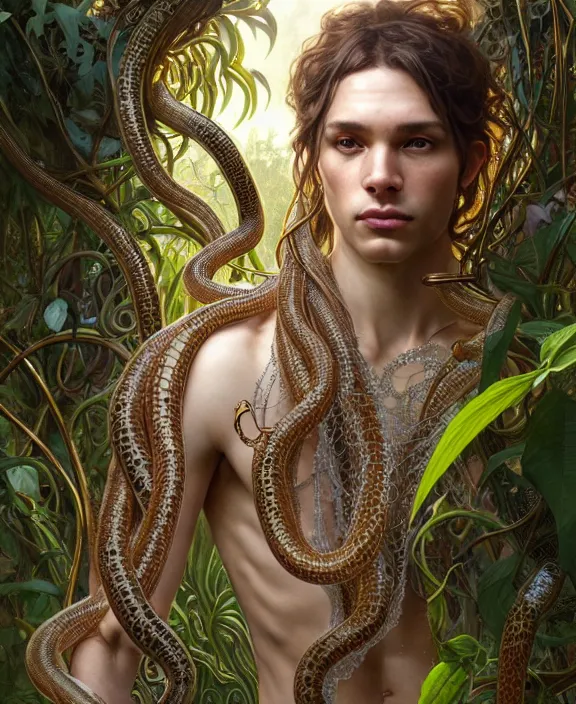 Image similar to intricate ornate opulent transparent clear see - through portrait of a horrific beautiful male human wolf snake, adorable, childlike, overgrown biopunk jungle environment, ultra realistic, concept art, art nouveau, photorealistic, octane render, 8 k, unreal engine. art by christopher marley and artgerm and greg rutkowski and alphonse mucha